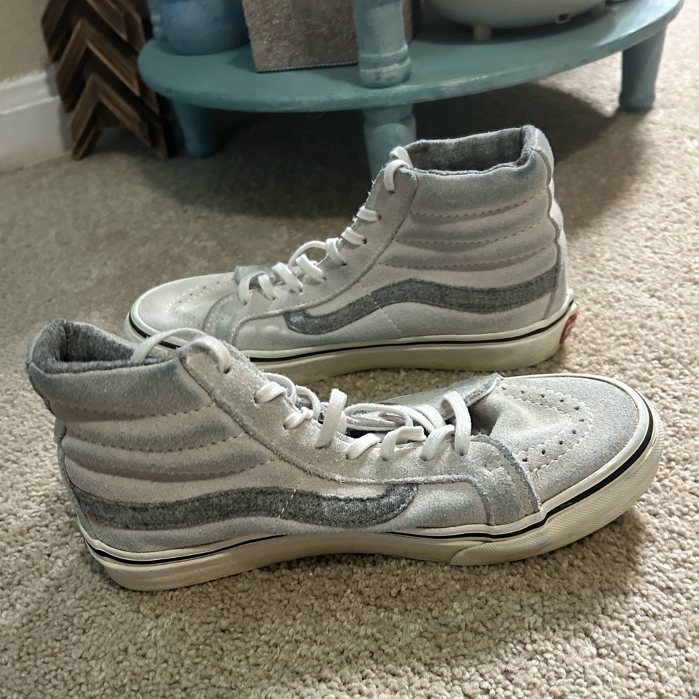 Vans Sk8-Hi Slim Suede Sneakers in a grey colorway Vans Gray Skateboard Shoes 6
